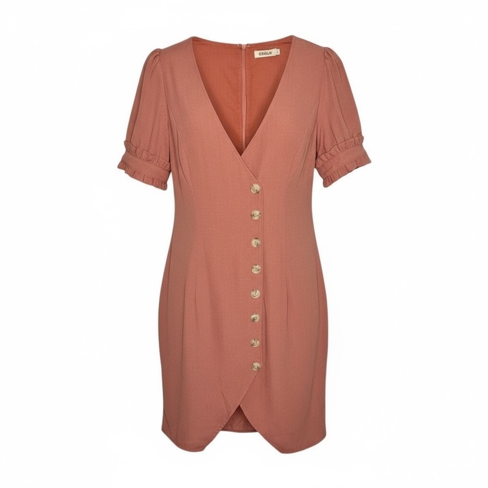 Essue Rust Button-Front Mini Dress with Ruffle puff Sleeves – Size Small NWT